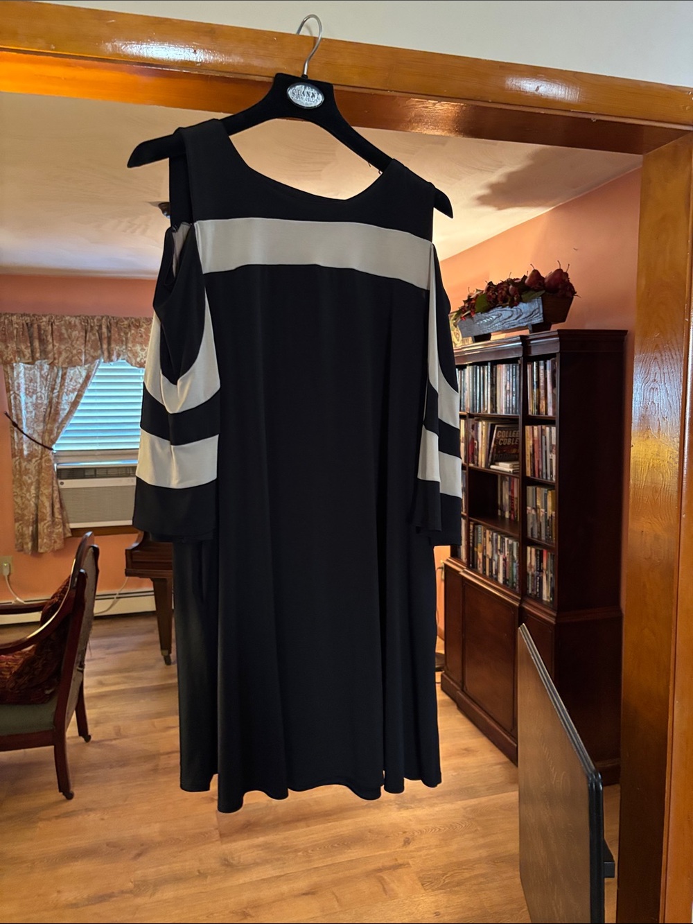Nina Leonard Black and Cream Cold-Shoulder Midi Dress